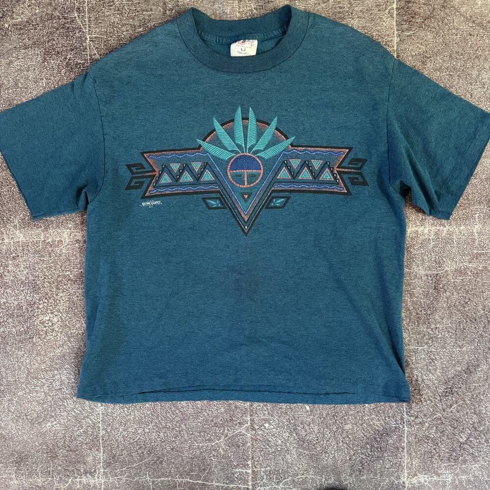 Women's Vintage 90's Tee Jays Heather Teal Blue Tribal Aztec Crop T Shirt Sz L
